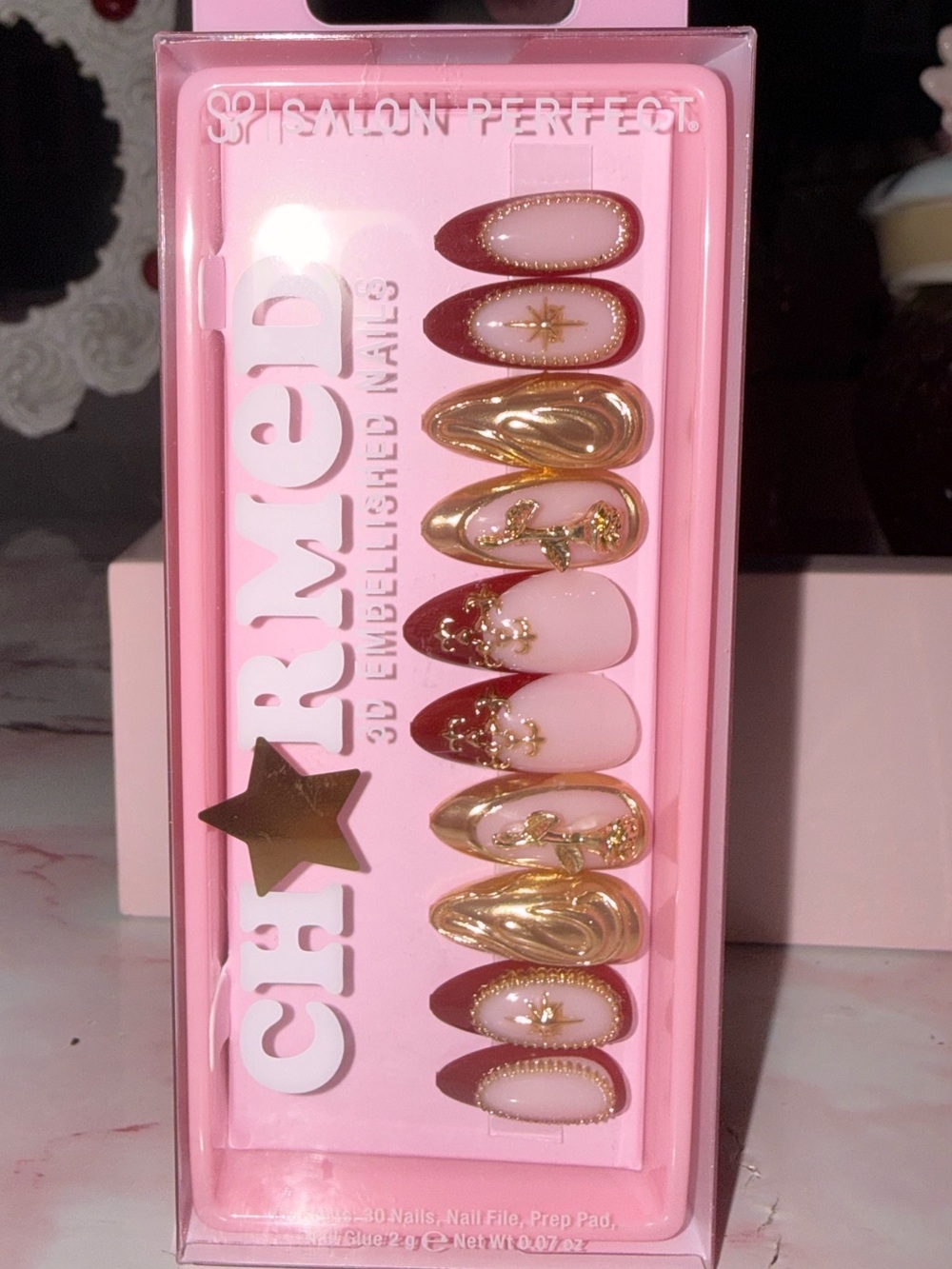 Charmed 3D Embellished Press-On Nails in Pink, Burgundy & Gold - Picture 5 of 8